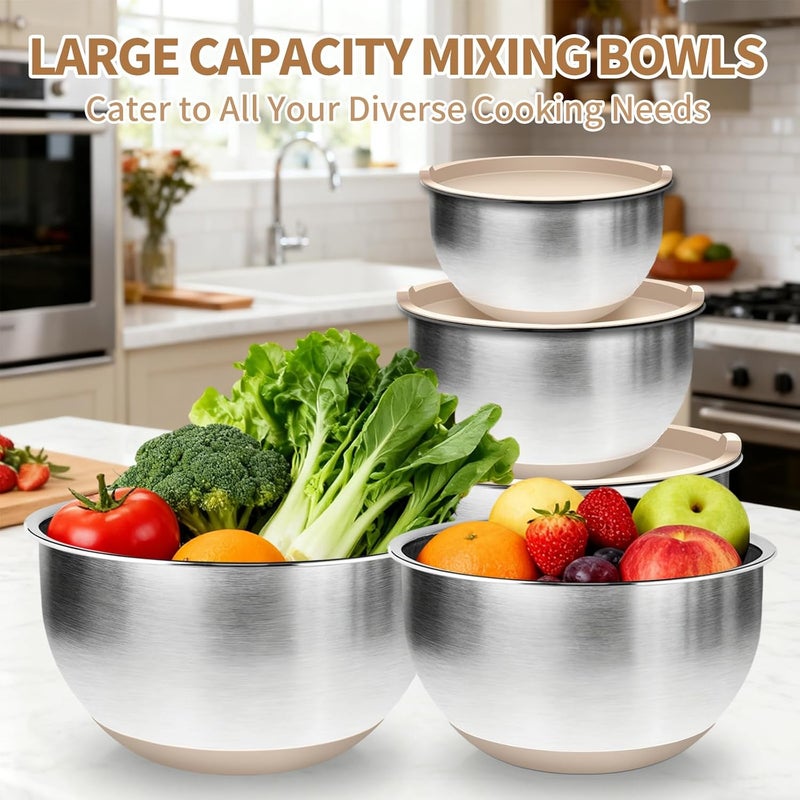 Deedro Premium Mixing Bowls with Airtight Lids Set, 22Pcs Thicker Stainless Steel Mixing Bowl Set, Large Prep Metal Bowls, Non-Slip Silicone Base Nesting Bowls for Kitchen, 1.5/2/3/4/5 QT, Khaki - Image 2